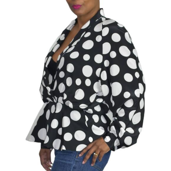 Vintage Lilli Ann Blouse Black White Peplum Oversized Top 70s Polka Dot Medium - Picture 8 of 14